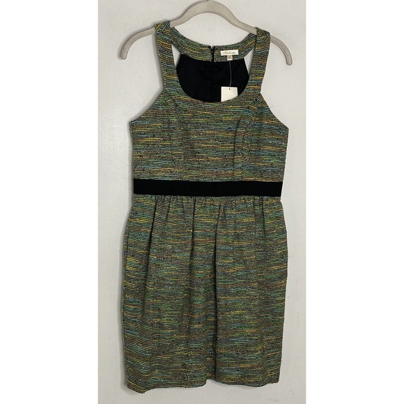 Shoshanna Green Stripe Silk Blend Metallic Sleeveless Pleated Tweed Dress 6 New - Picture 2 of 6